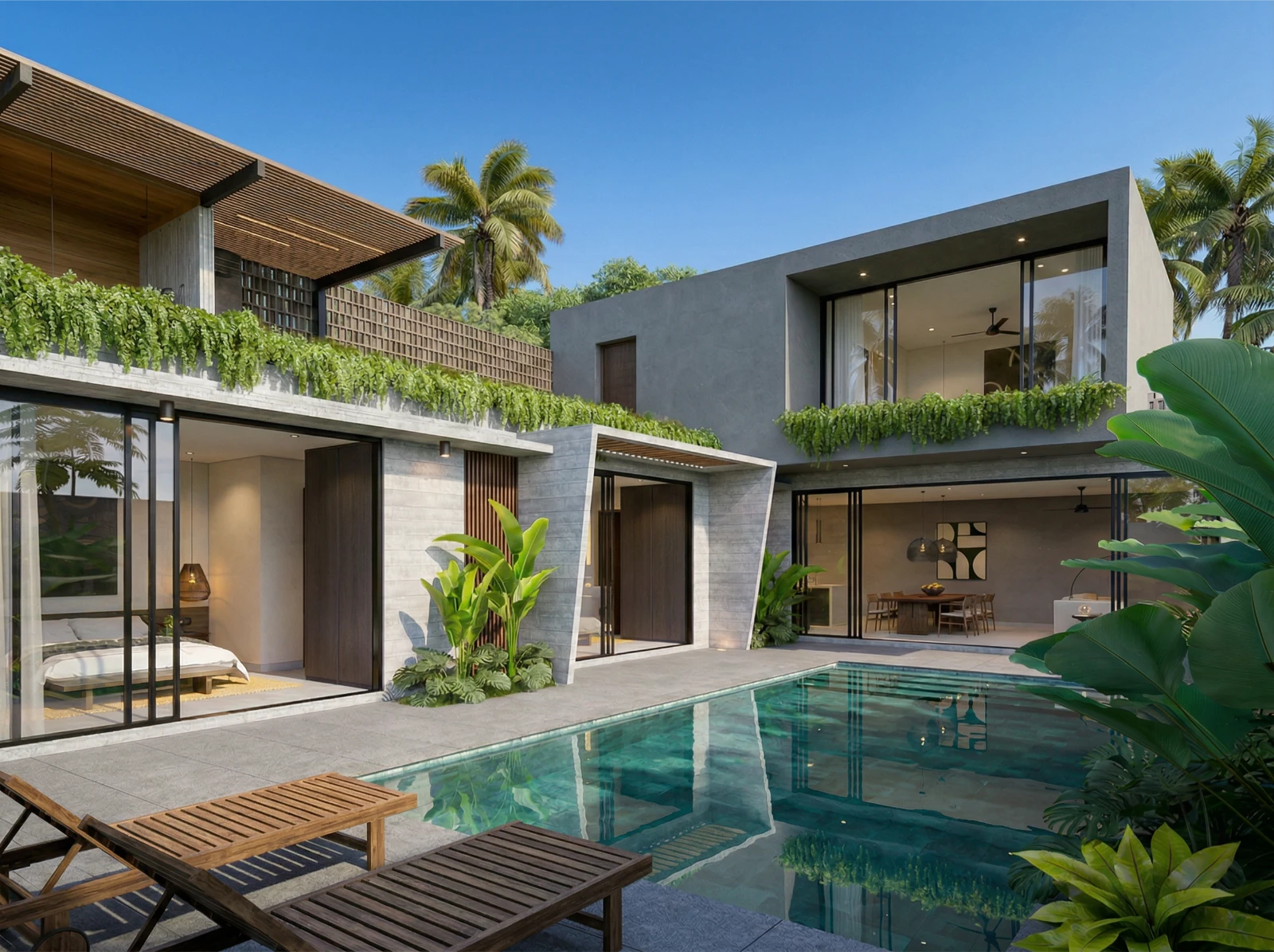 Dasa Ubud villa exterior at dusk with private pool and tropical garden, Ubud, Bali