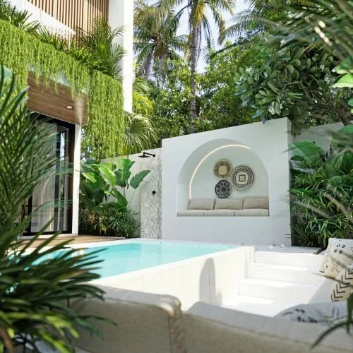 Umah Ubud villa development - private pool with arched feature wall and tropical garden, Ubud, Bali