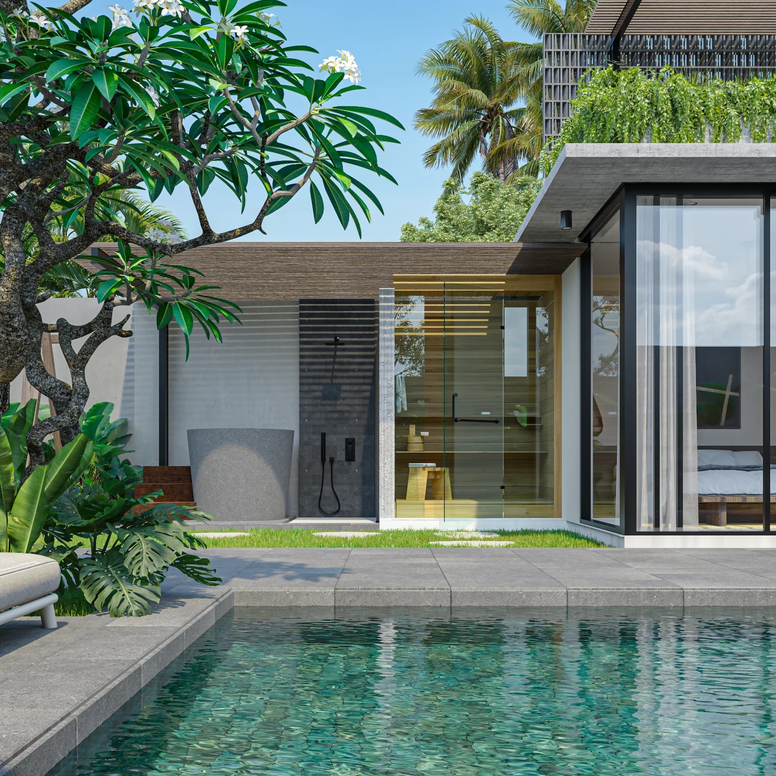 Dasa Ubud villa pool deck with sun loungers and tropical garden