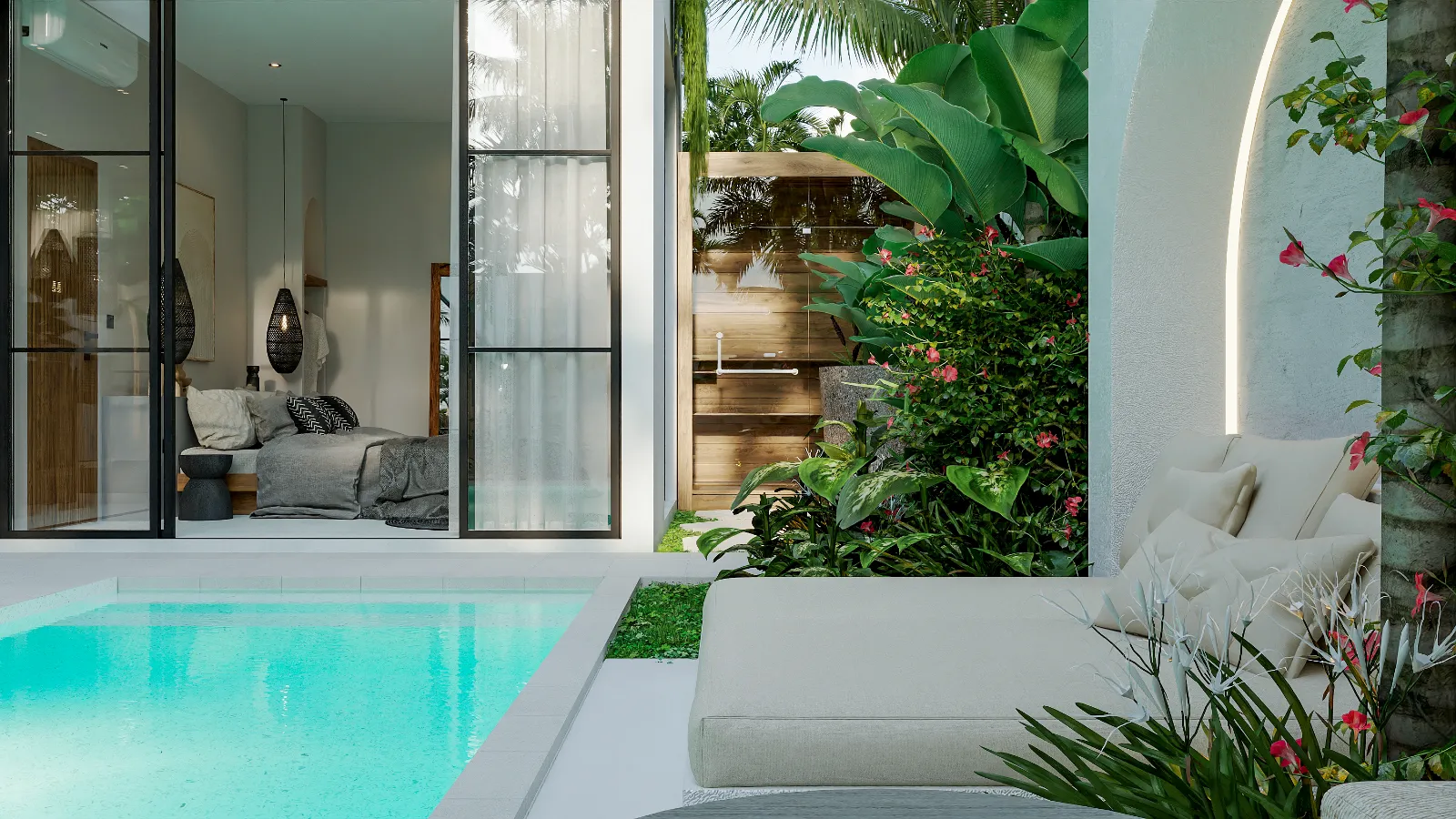 Solas Uluwatu pool deck with outdoor lounge and bedroom view through arched doorway