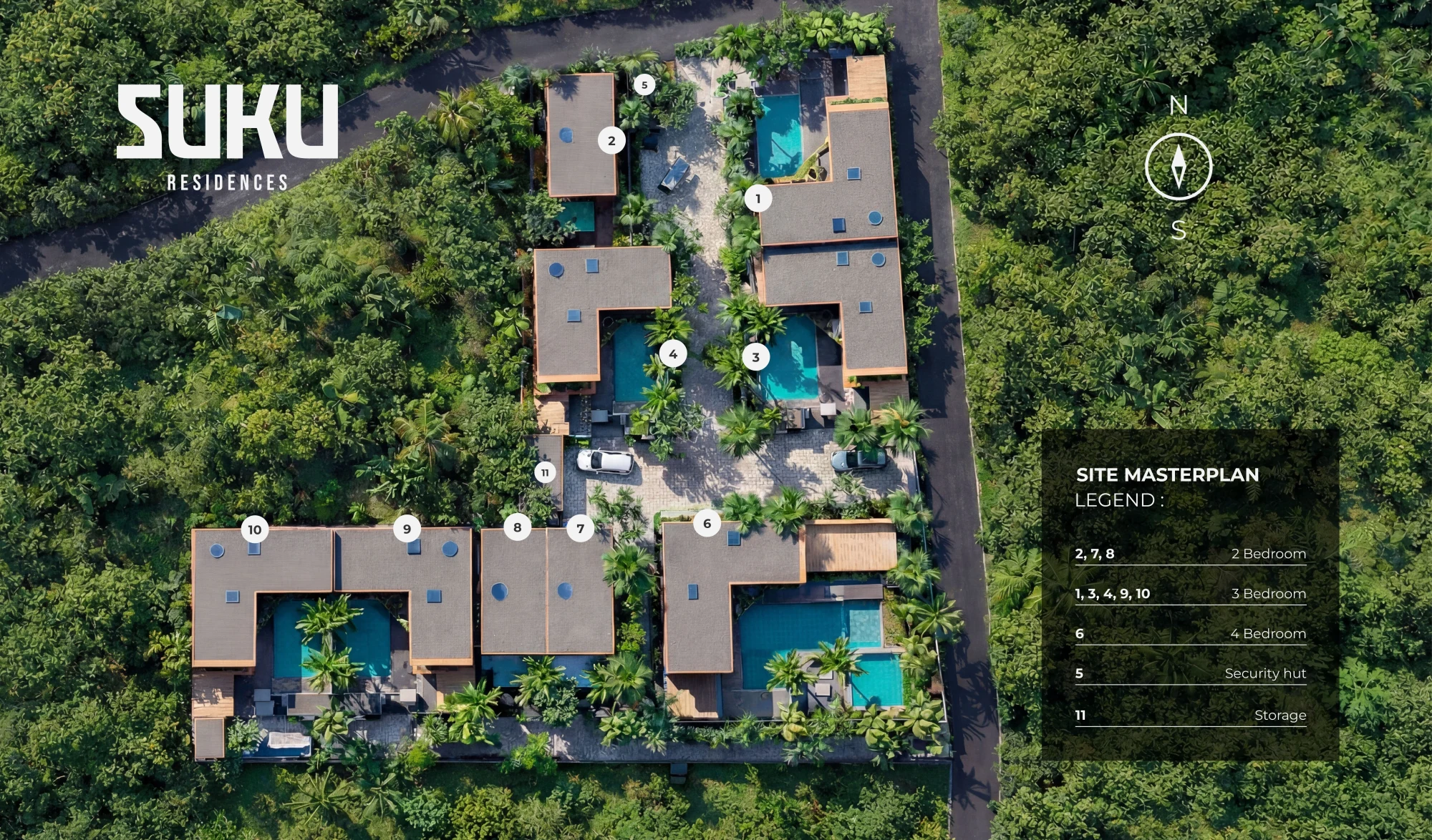 Suku Residences site masterplan - layout of all nine villas with sold/available status
