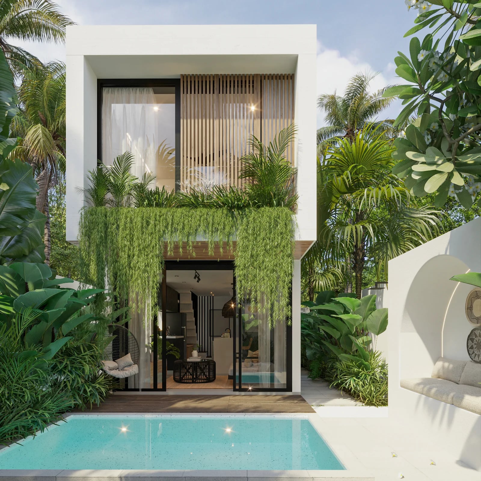 Umah Ubud - white modern villa with dripping greenery and private pool in Ubud, Bali by Balitecture