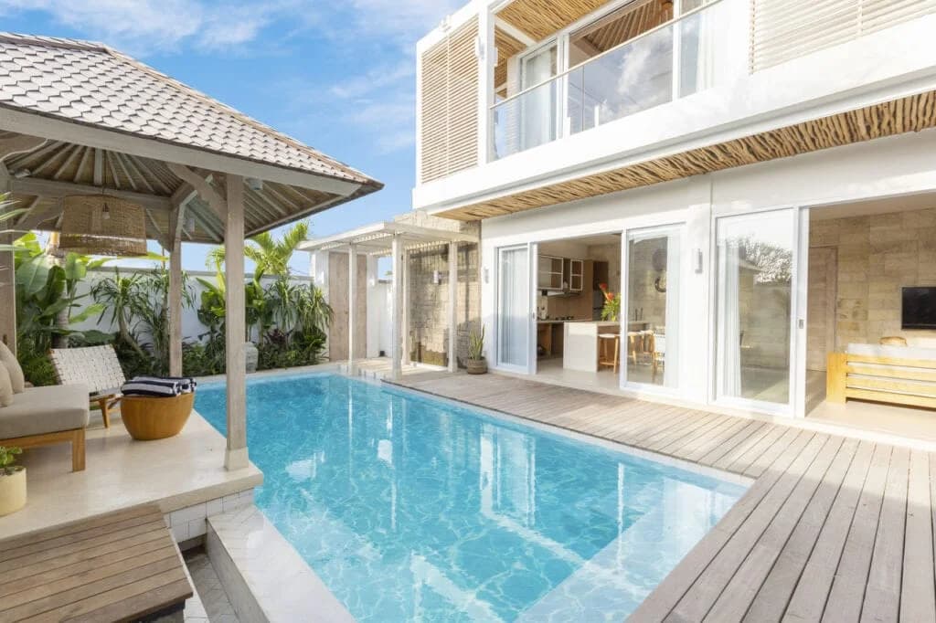 Completed Balitecture villa - private pool with Balinese gazebo and timber deck