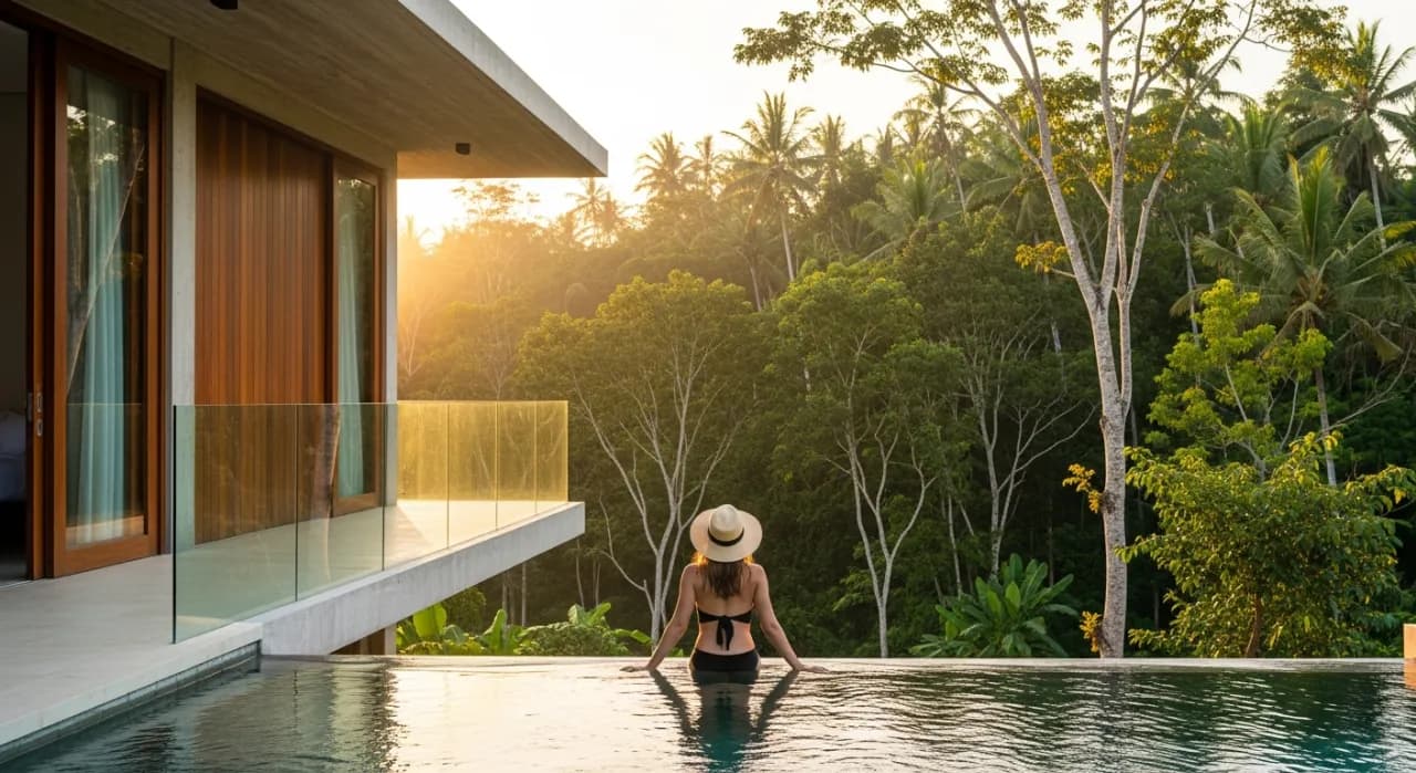 Bali villa pool and lifestyle scene typical of properties operating under a Pondok Wisata short-term rental licence