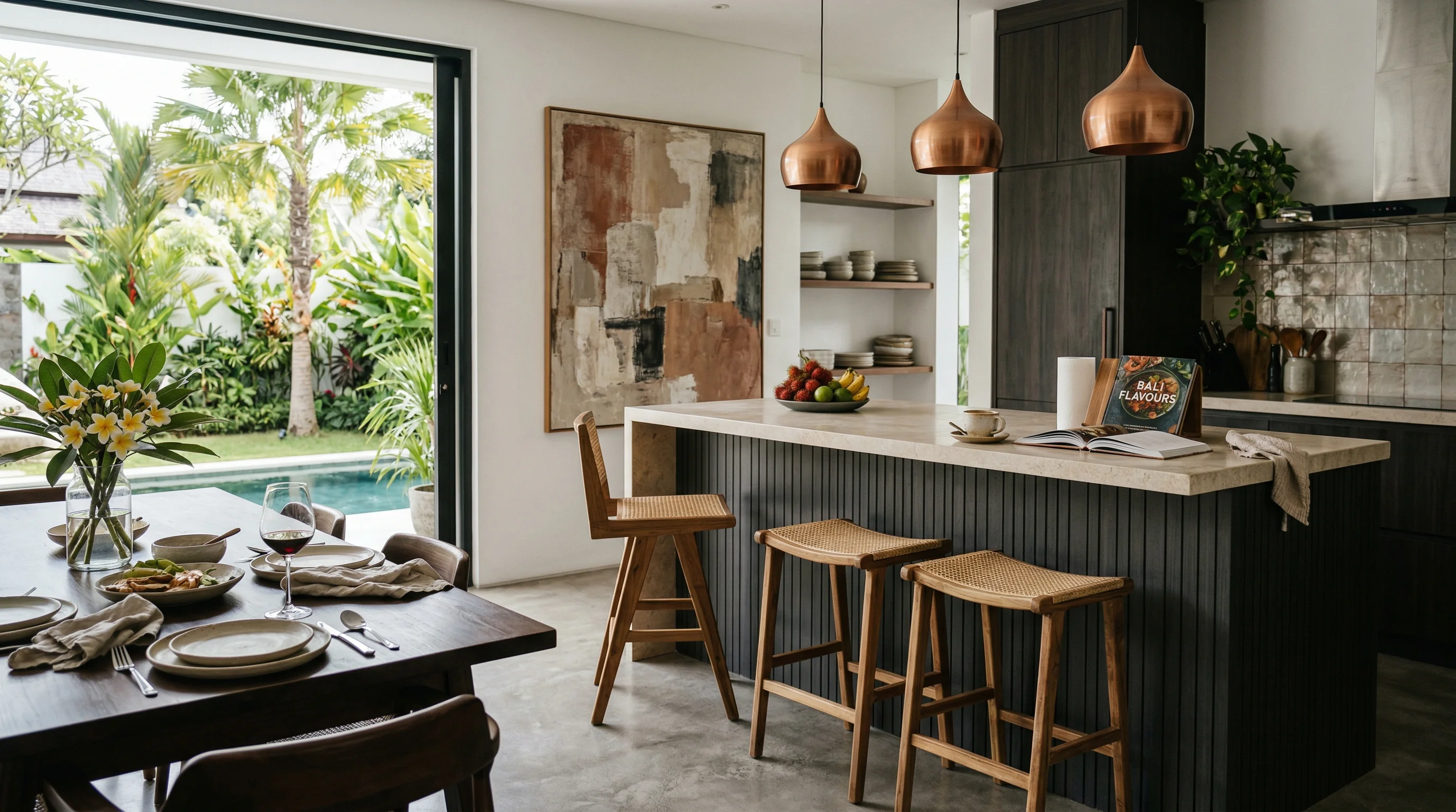 Lived-in Balitecture villa interior with kitchen and dining area
